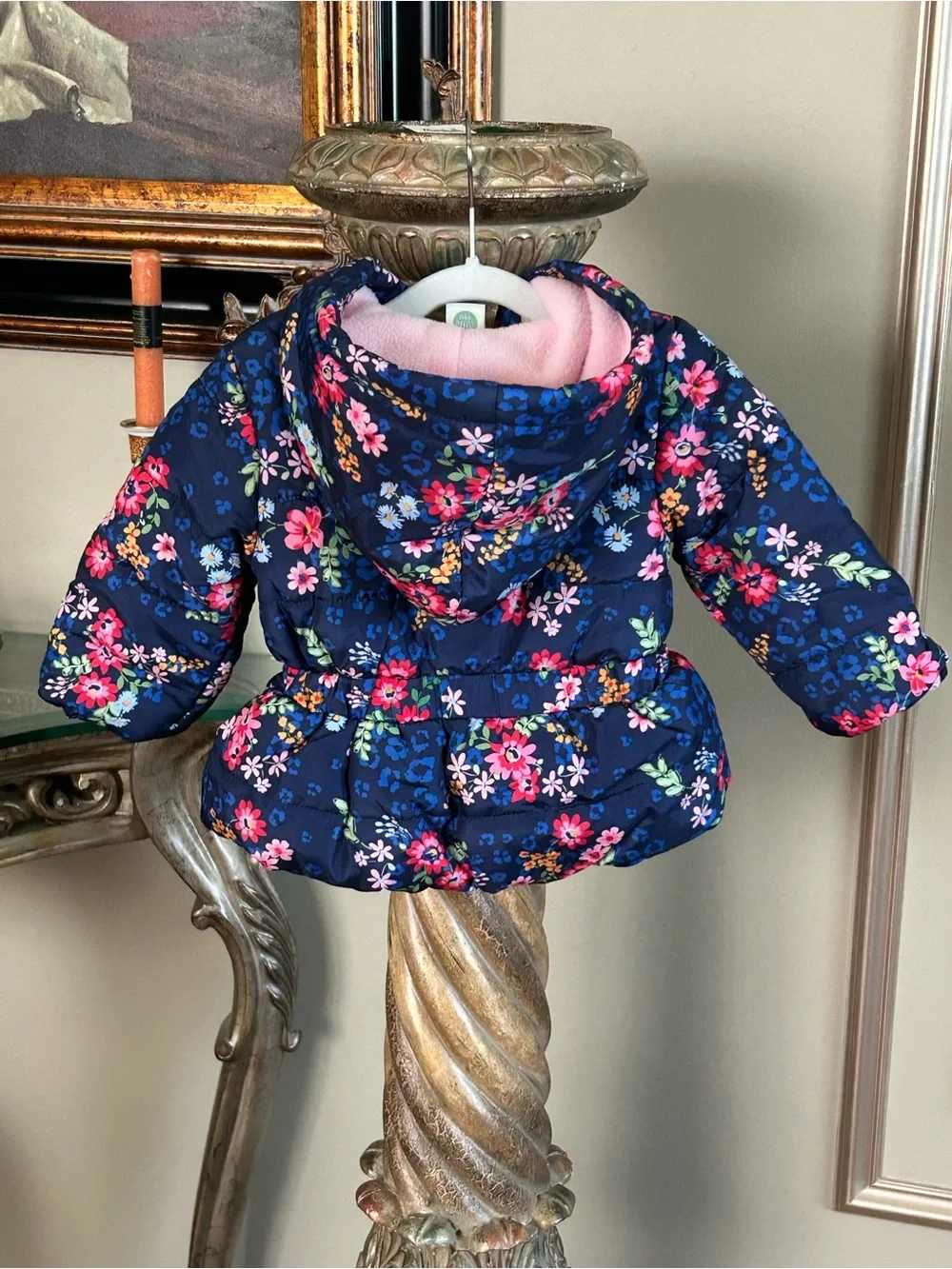 Little Me Baby Girls Navy Floral Bow Puffer Coat Pink Fleece Size 12M